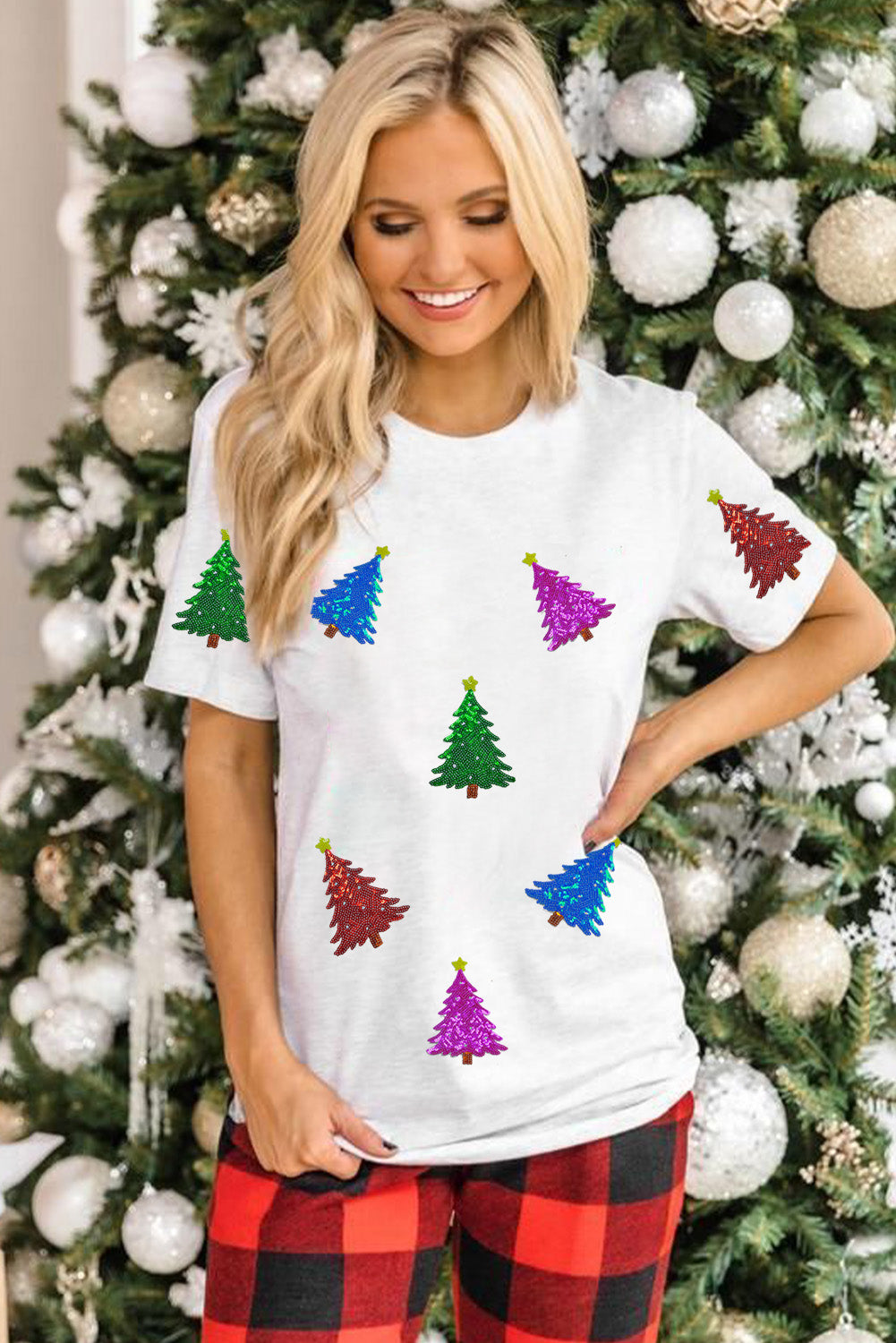 White Glitter Christmas Tree Pattern Cuffed Sleeve Christmas T Shirt