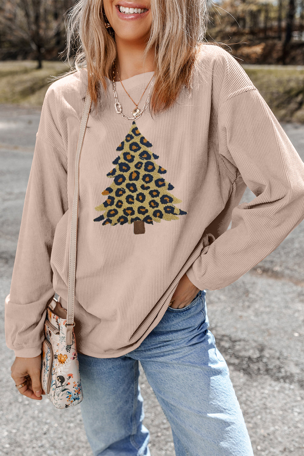 Apricot Leopard Christmas Tree Graphic Corded Sweatshirt