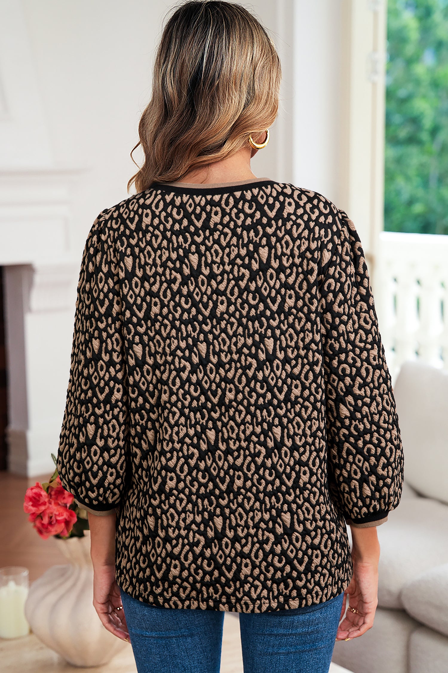 Black Leopard Print Puffy Bracelet Sleeve Contrast Trim Round Neck Top