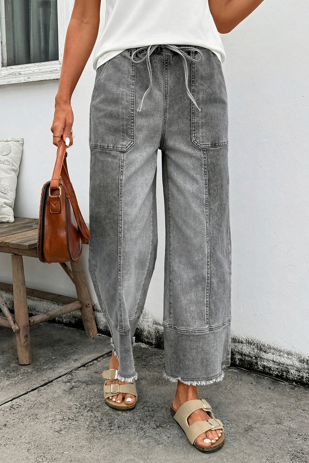 Beau Blue Drawstring Seam Detail Raw Hem Wide Leg Denim Pants