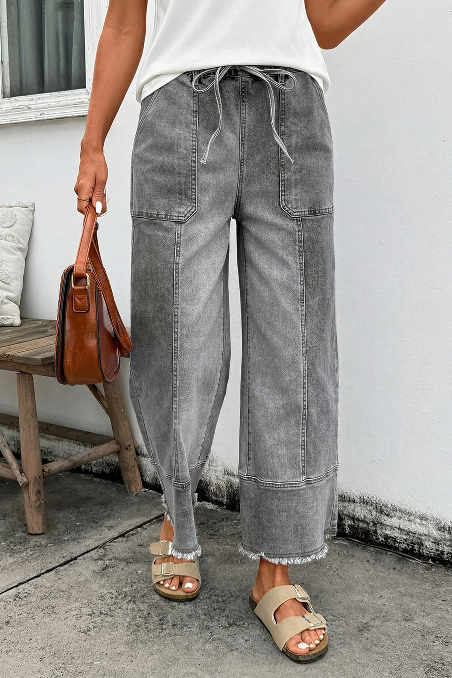 Beau Blue Drawstring Seam Detail Raw Hem Wide Leg Denim Pants