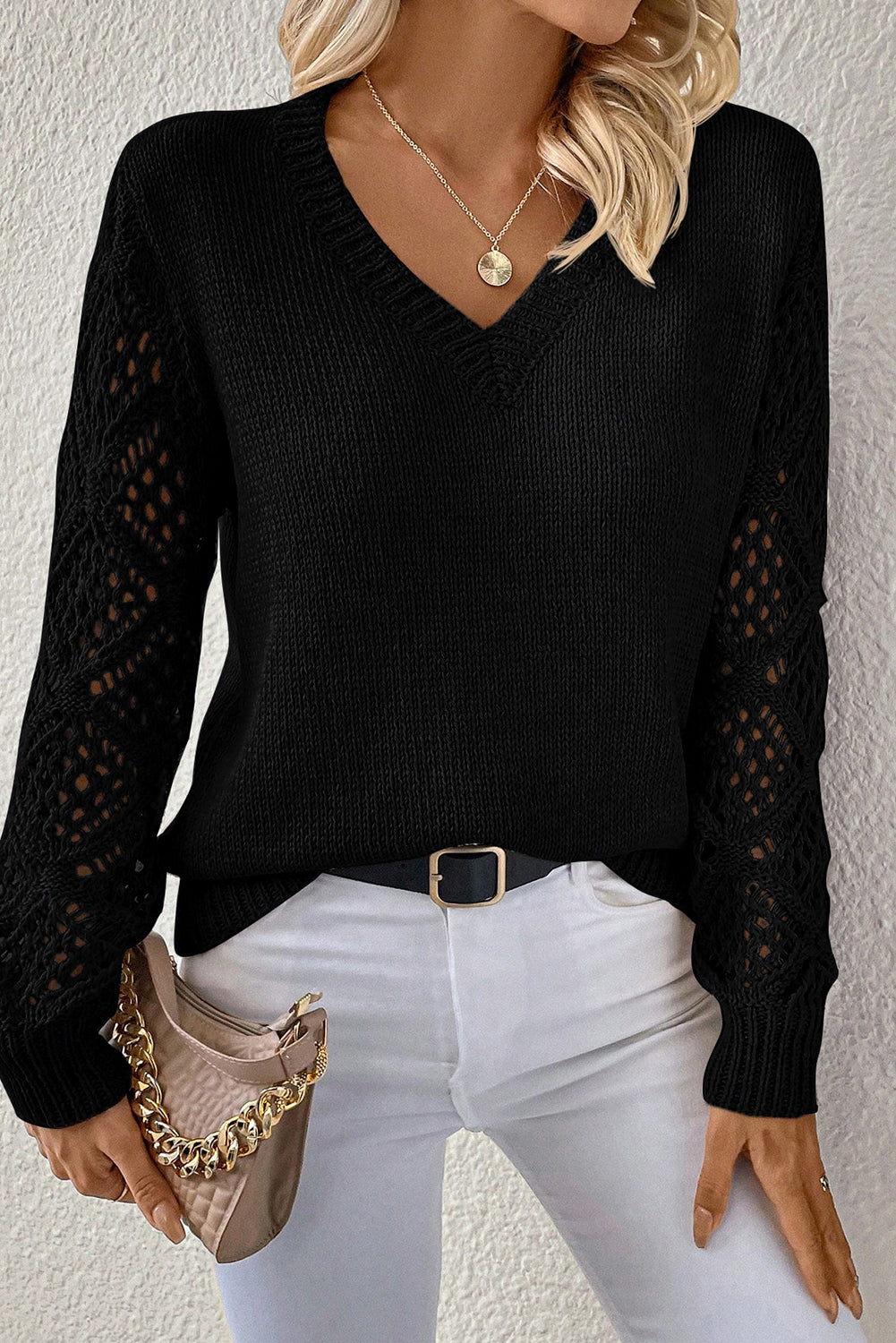Jet Stream Solid V Neck Pointelle Knit Sleeve Patchwork Sweater