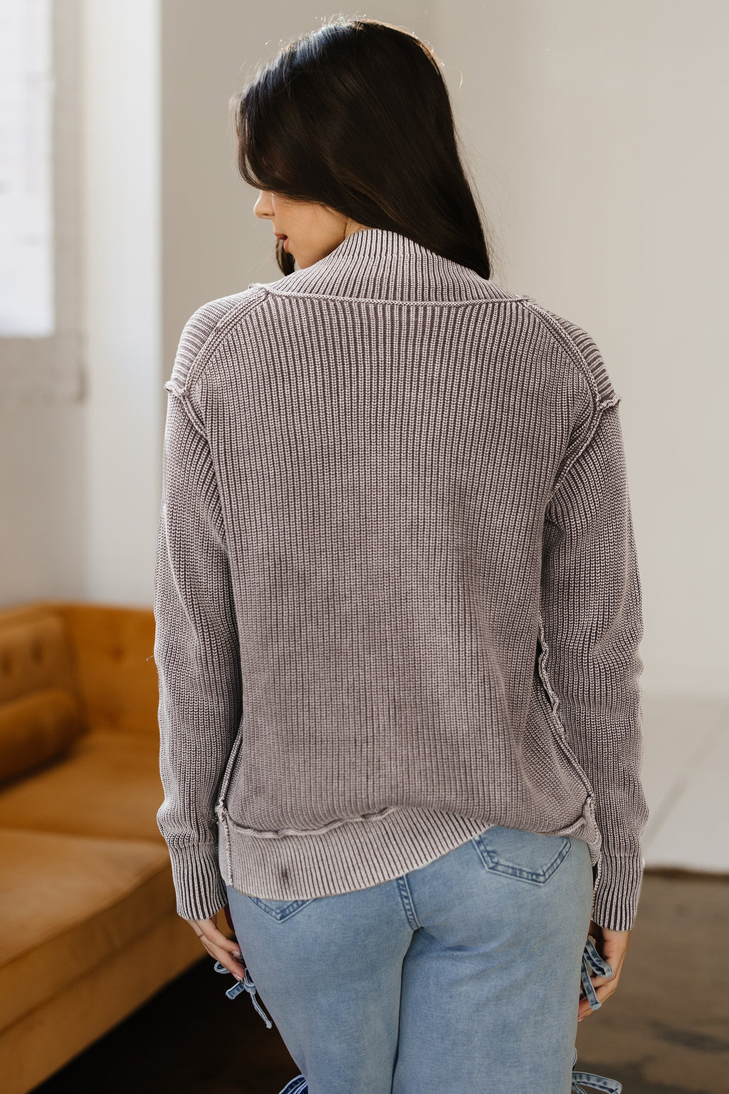 Dark Brown Mineral Wash Exposed Seam Patchwork Knit Open Sweater Cardigan