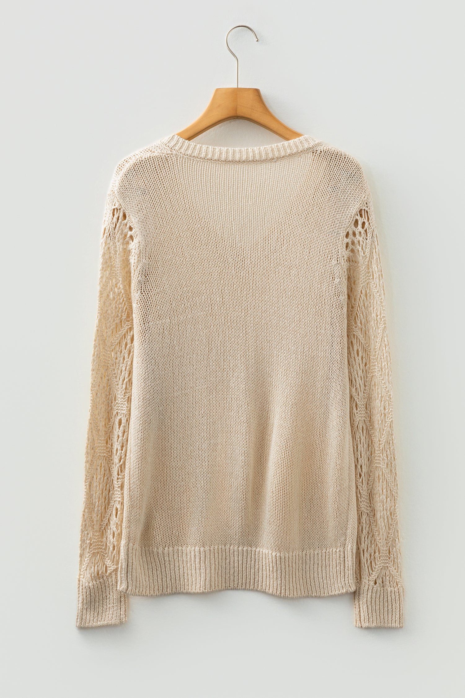 Jet Stream Solid V Neck Pointelle Knit Sleeve Patchwork Sweater