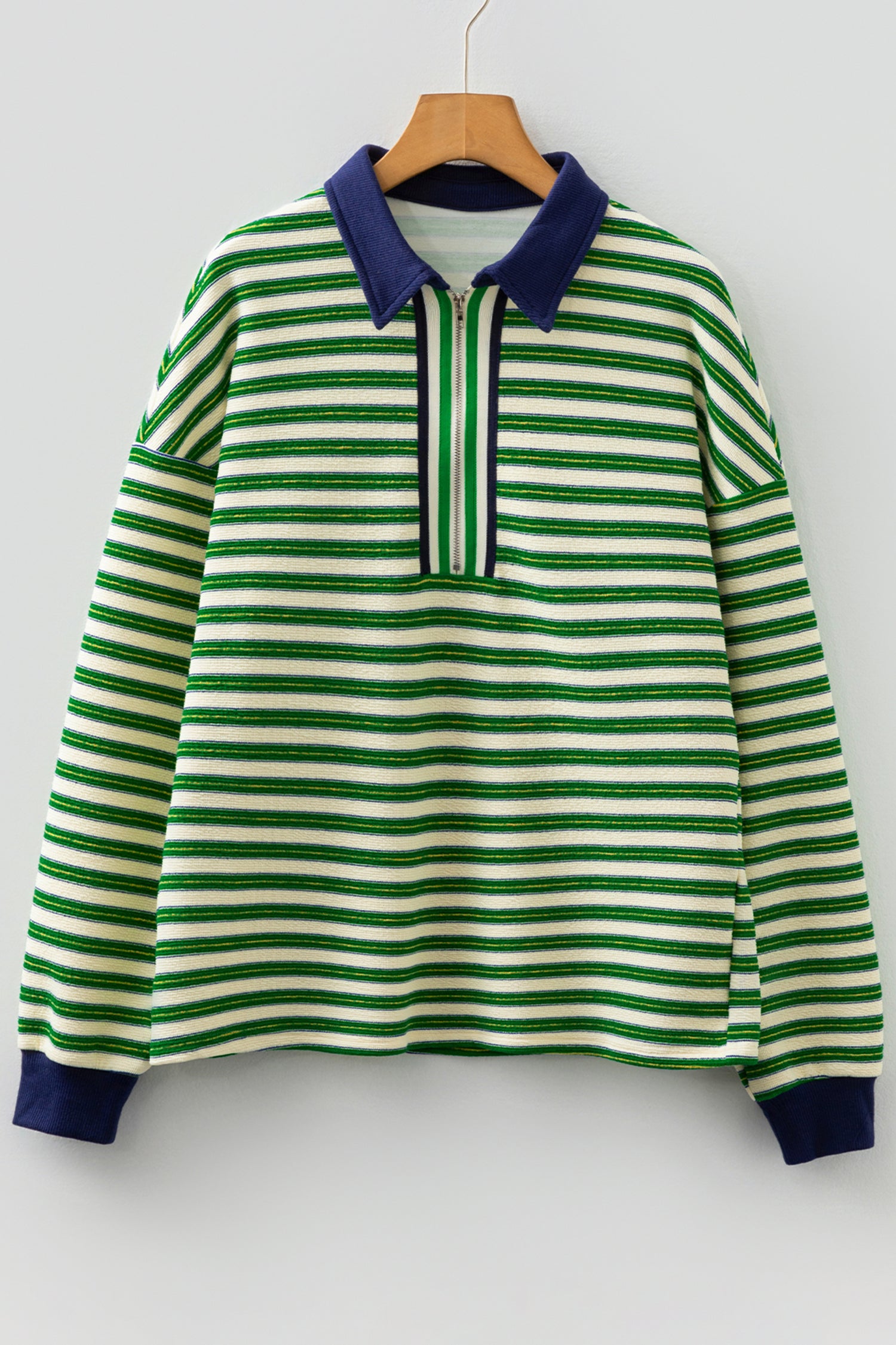Dark Green Striped Print Contrast Collar Zip V Neck Long Sleeve Top