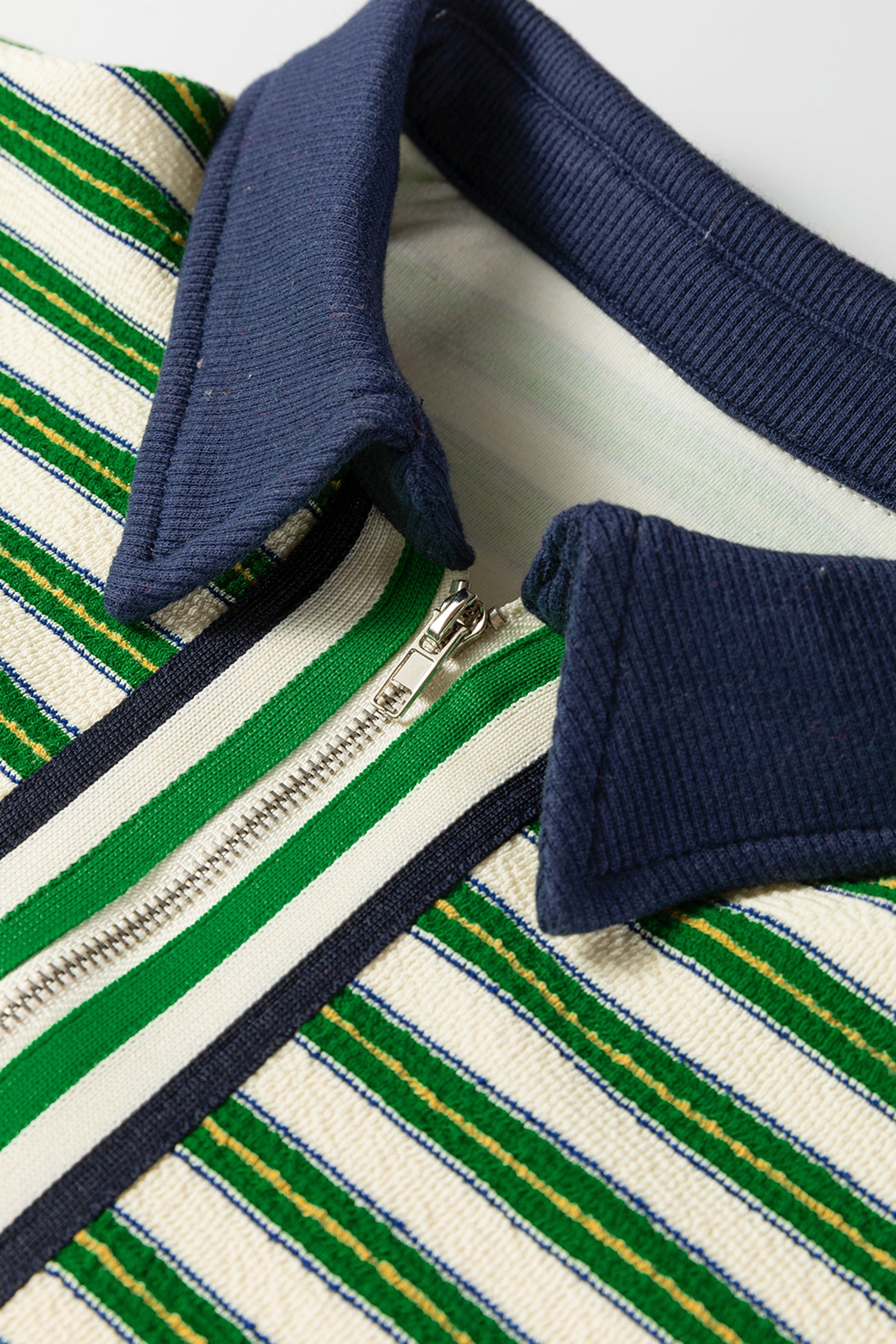 Dark Green Striped Print Contrast Collar Zip V Neck Long Sleeve Top