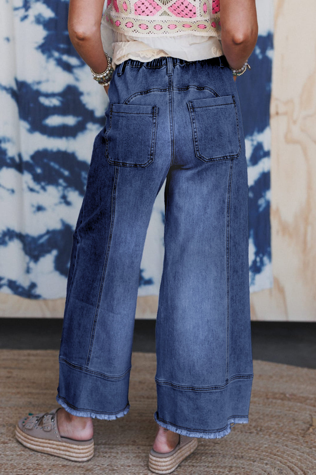 Beau Blue Drawstring Seam Detail Raw Hem Wide Leg Denim Pants