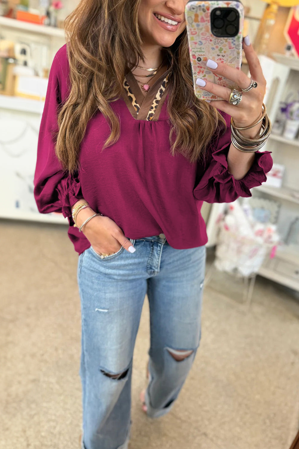 Violet Leopard Trim V Neck Flounced Bracelet Sleeve Blouse