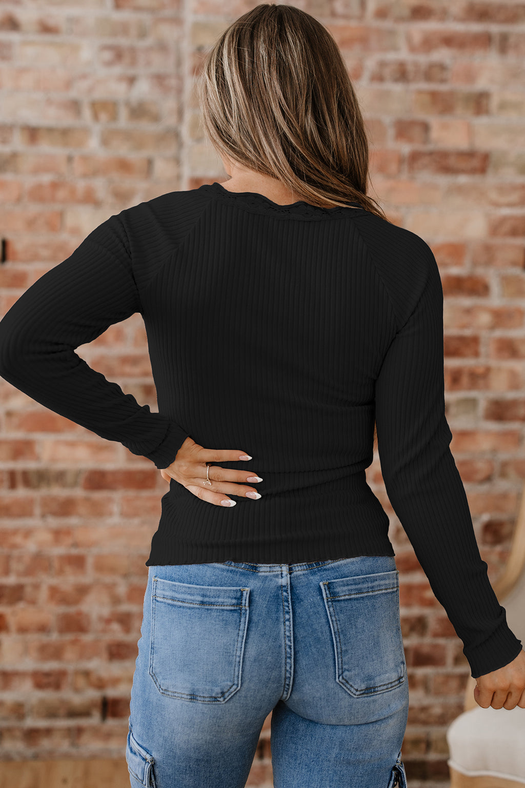 Black Lace Neckline Button Decor Lettuce Edge Long Sleeve Ribbed Top