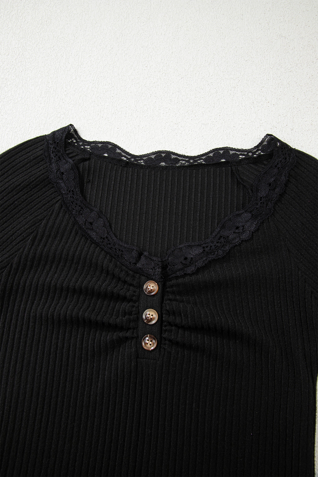 Black Lace Neckline Button Decor Lettuce Edge Long Sleeve Ribbed Top