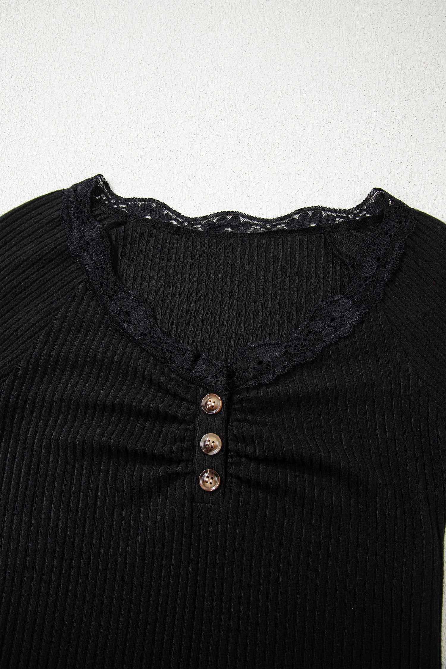 Black Lace Neckline Button Decor Lettuce Edge Long Sleeve Ribbed Top