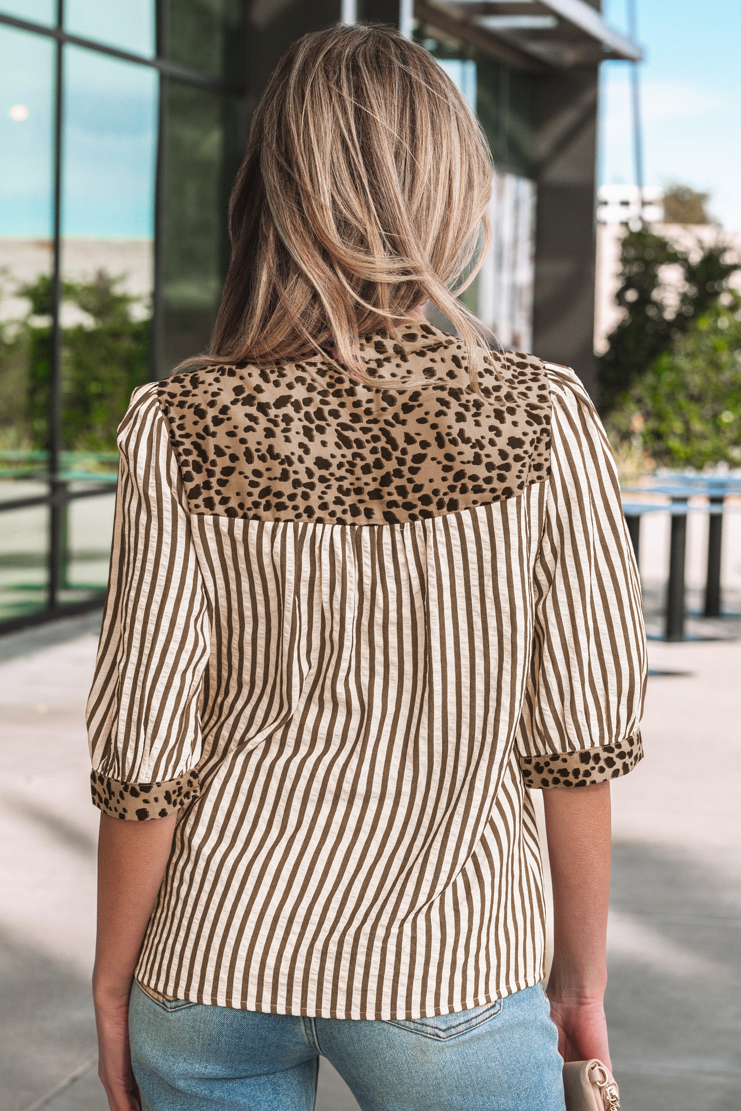 Brown Stripe Leopard Trim V Neck Button Down Half Sleeve Shirt