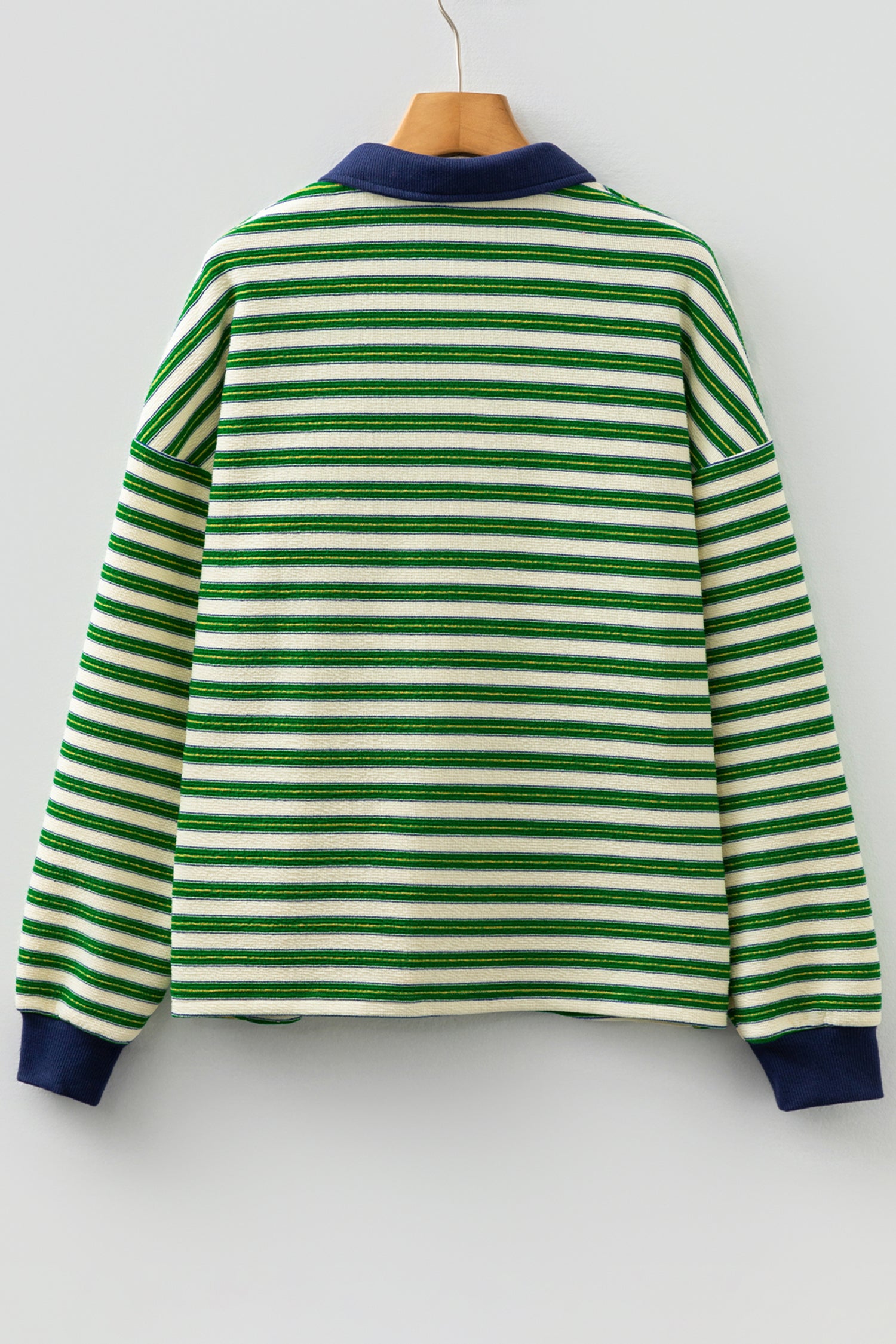 Dark Green Striped Print Contrast Collar Zip V Neck Long Sleeve Top