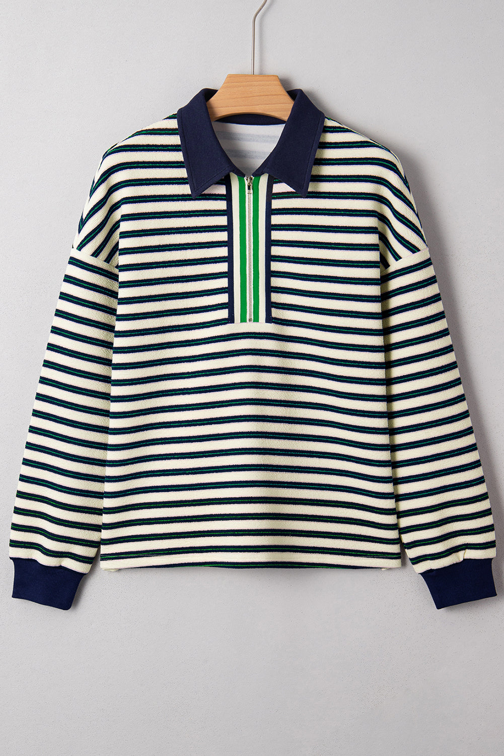 Dark Green Striped Print Contrast Collar Zip V Neck Long Sleeve Top