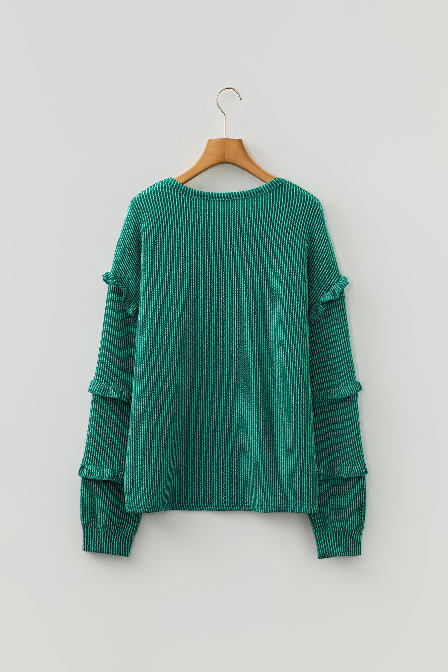 Evergreen Twisted Ribbed Tiered Ruffles Long Sleeve Pullover Top