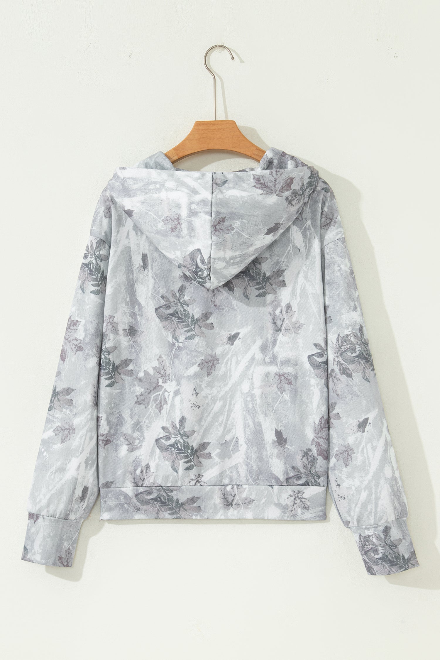 Gray Camo Leaf Print Kangaroo Pocket Quarter Zip Hoodie