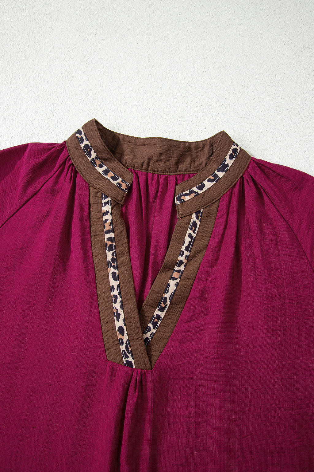 Violet Leopard Trim V Neck Flounced Bracelet Sleeve Blouse