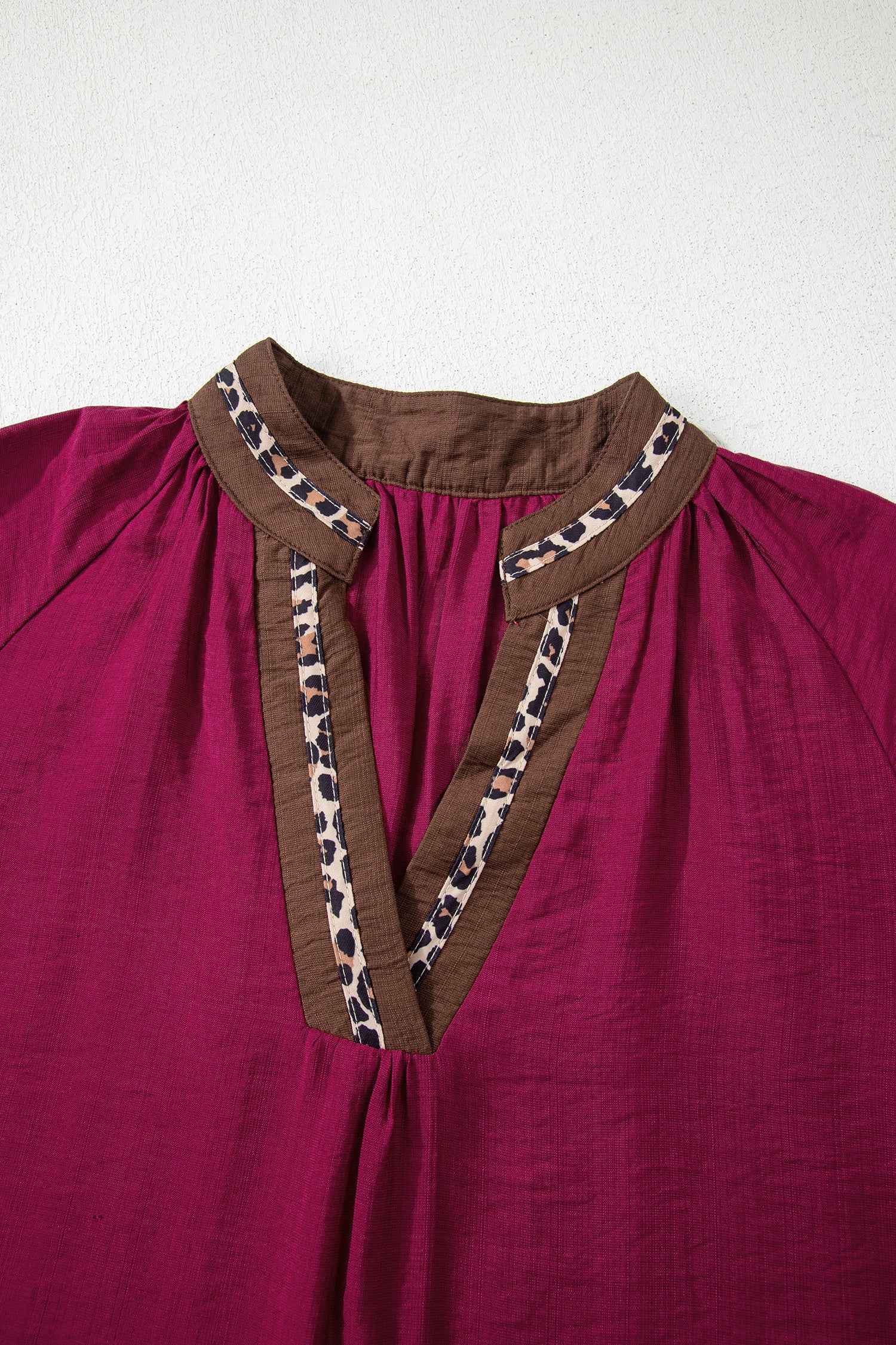 Violet Leopard Trim V Neck Flounced Bracelet Sleeve Blouse