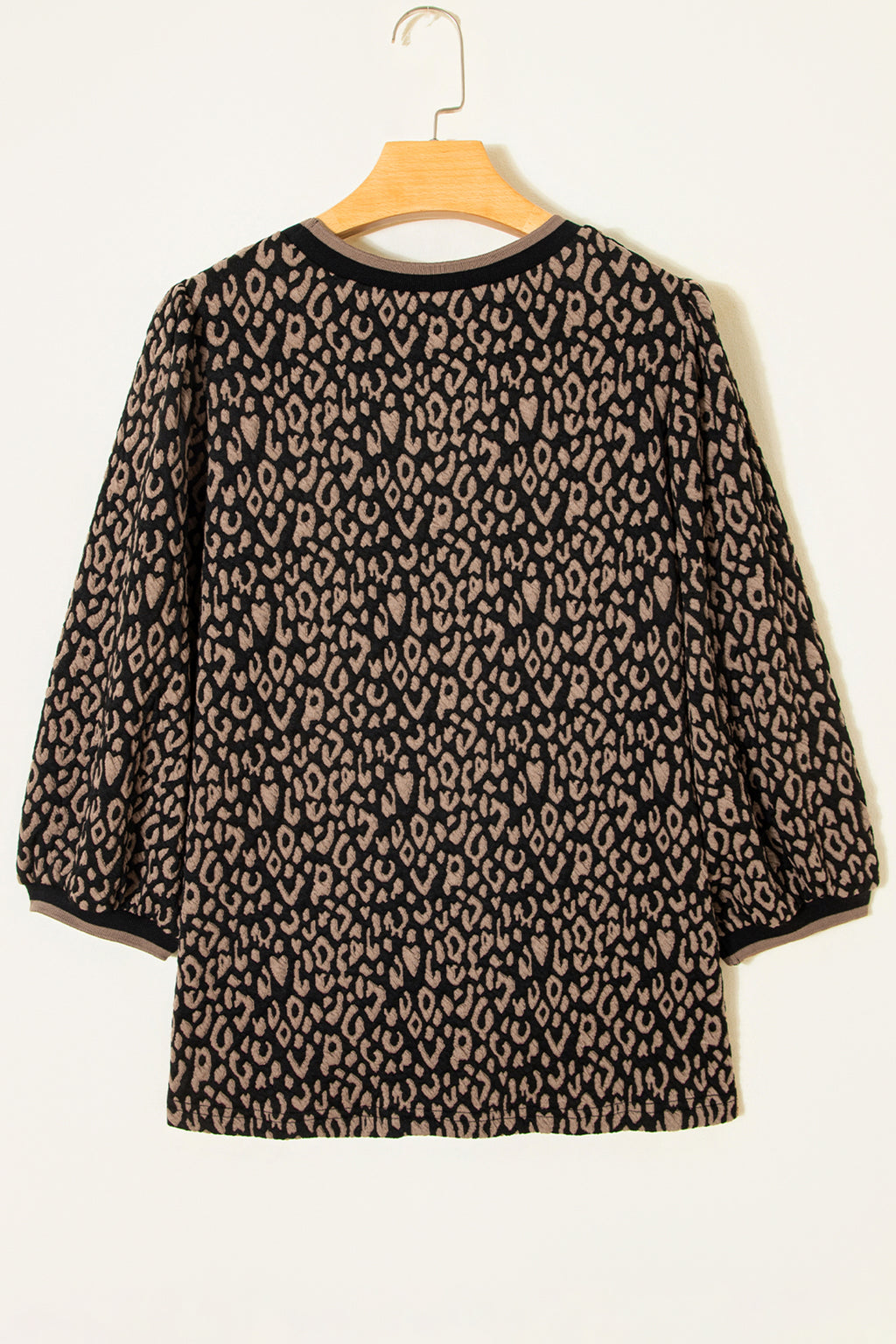Black Leopard Print Puffy Bracelet Sleeve Contrast Trim Round Neck Top