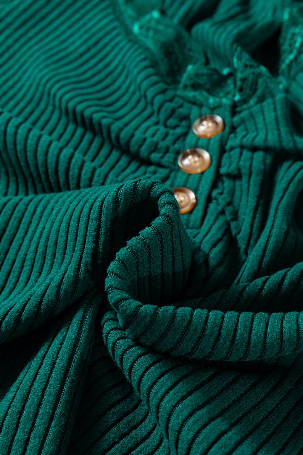 Black Lace Neckline Button Decor Lettuce Edge Long Sleeve Ribbed Top