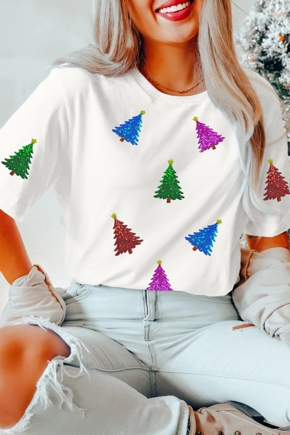 White Glitter Christmas Tree Pattern Cuffed Sleeve Christmas T Shirt
