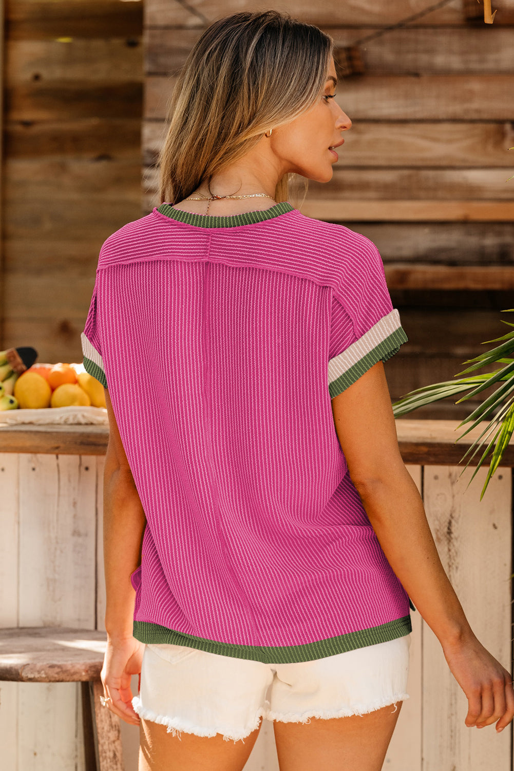 Bright Pink Textured Contrast Trim Round Neck T Shirt