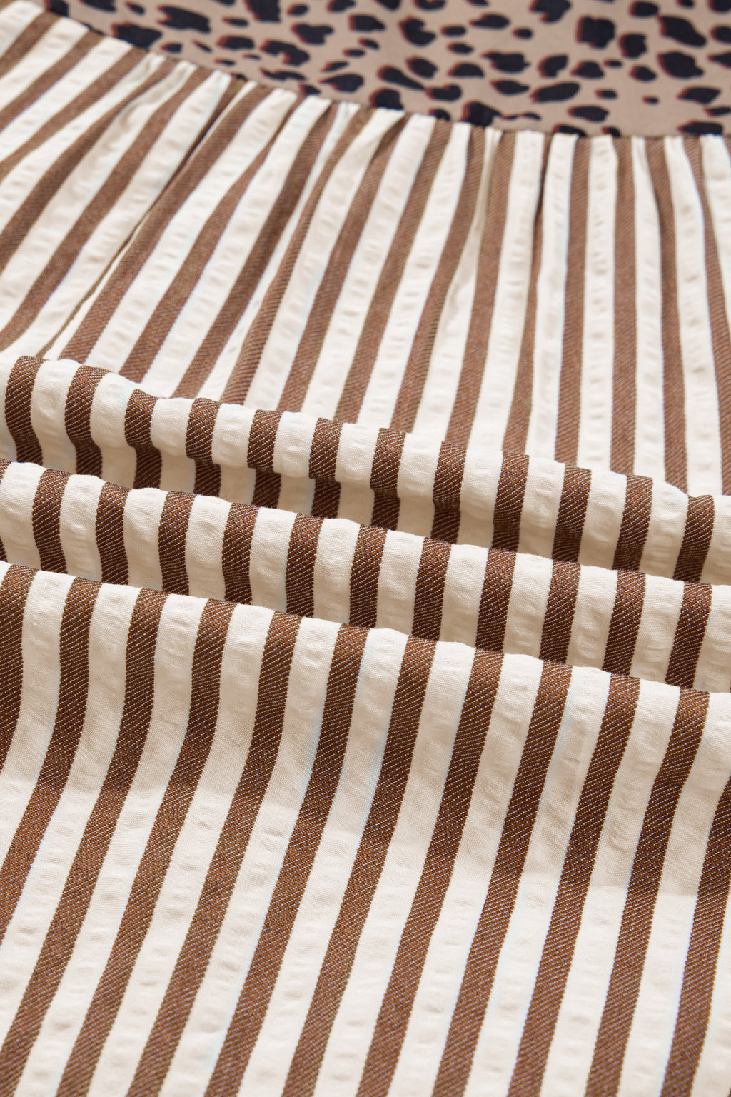 Brown Stripe Leopard Trim V Neck Button Down Half Sleeve Shirt