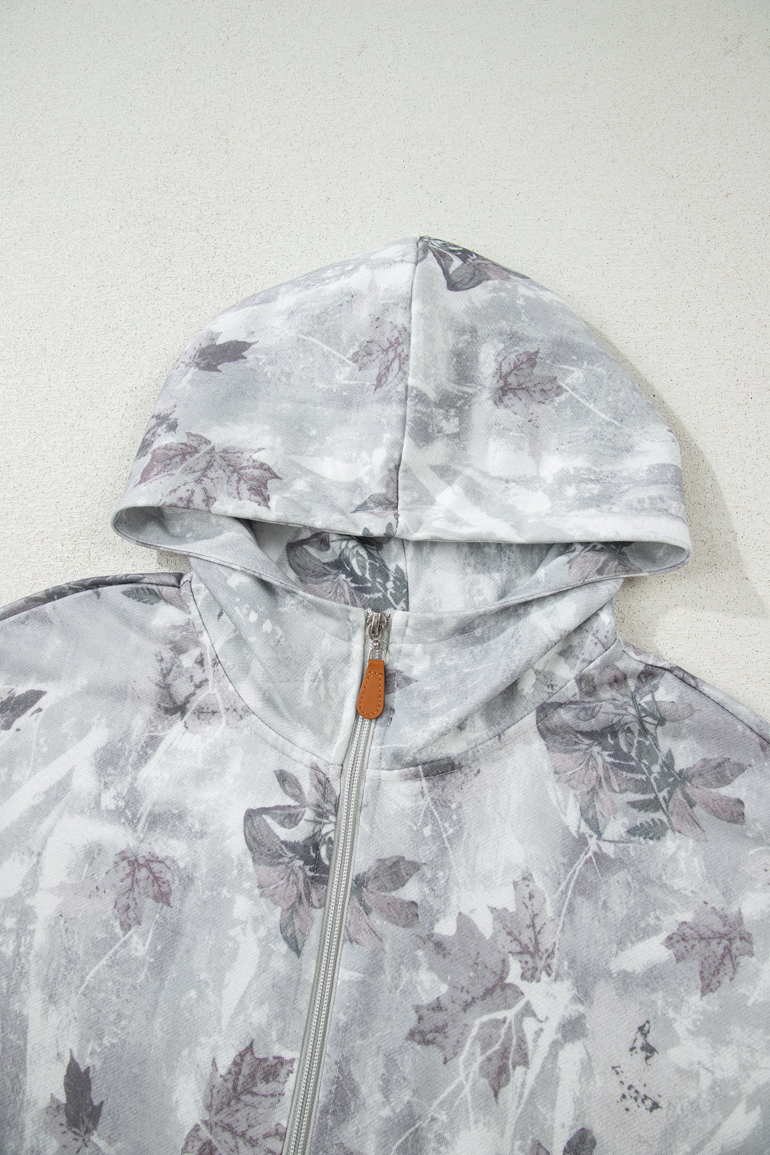 Gray Camo Leaf Print Kangaroo Pocket Quarter Zip Hoodie