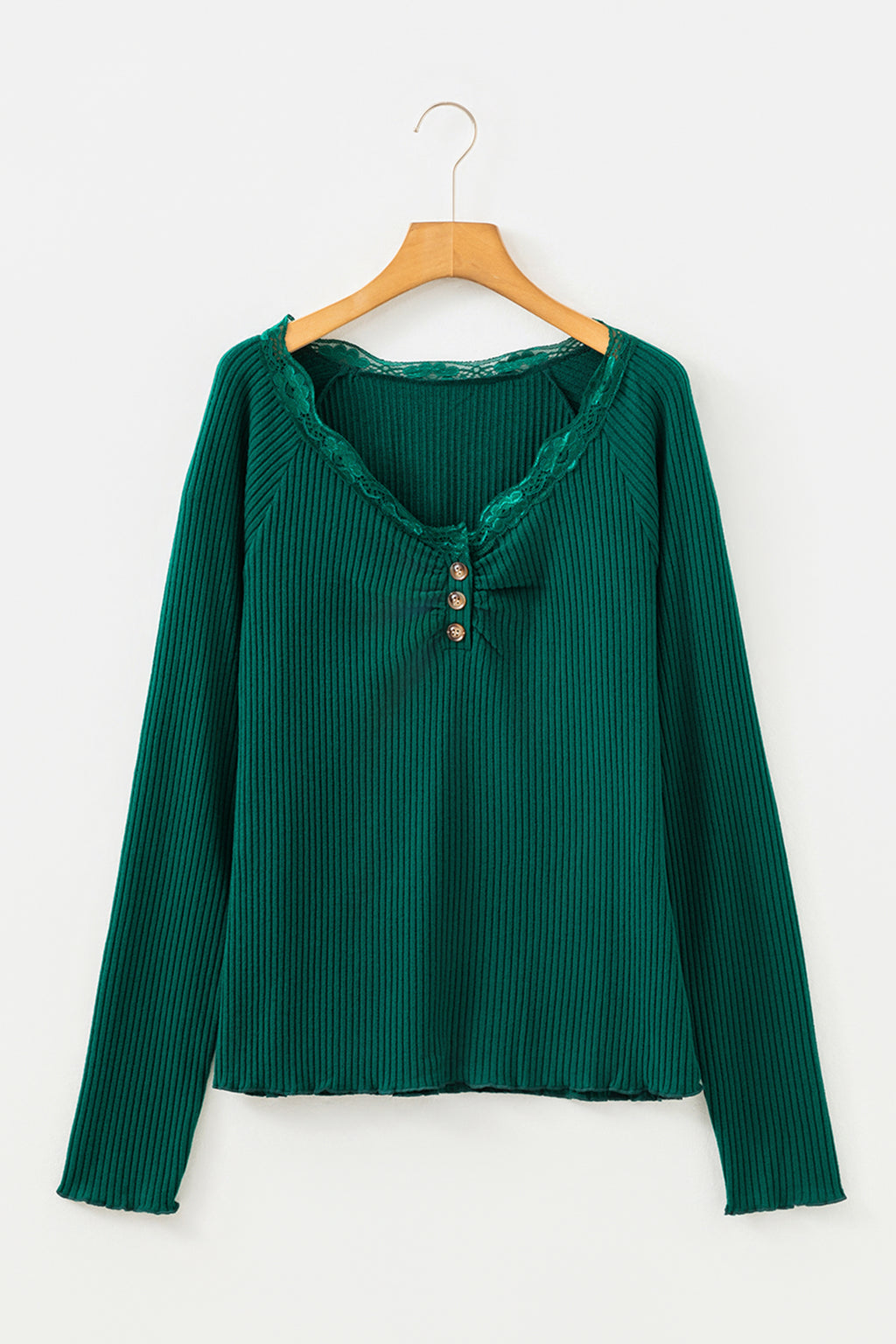 Black Lace Neckline Button Decor Lettuce Edge Long Sleeve Ribbed Top