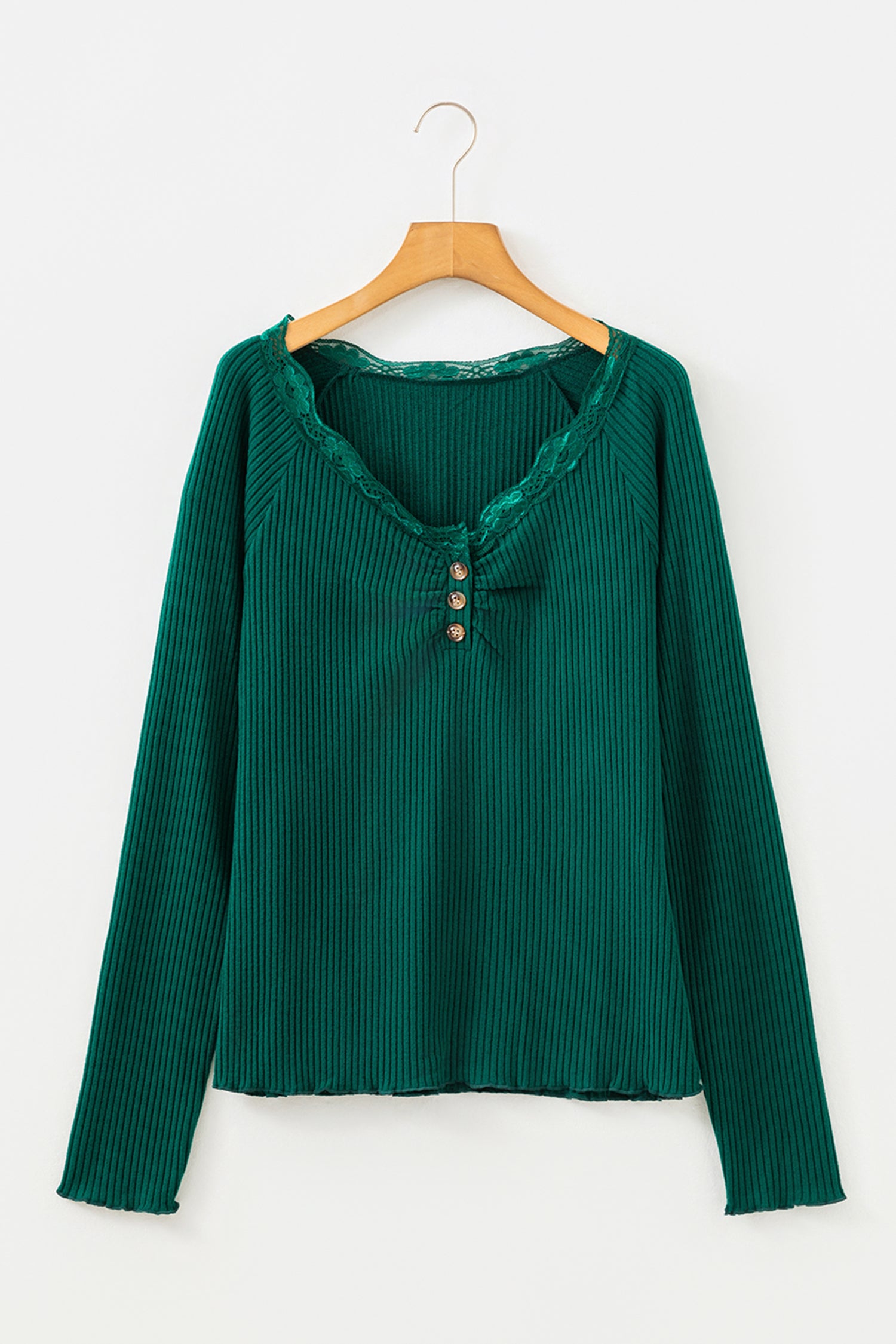 Black Lace Neckline Button Decor Lettuce Edge Long Sleeve Ribbed Top