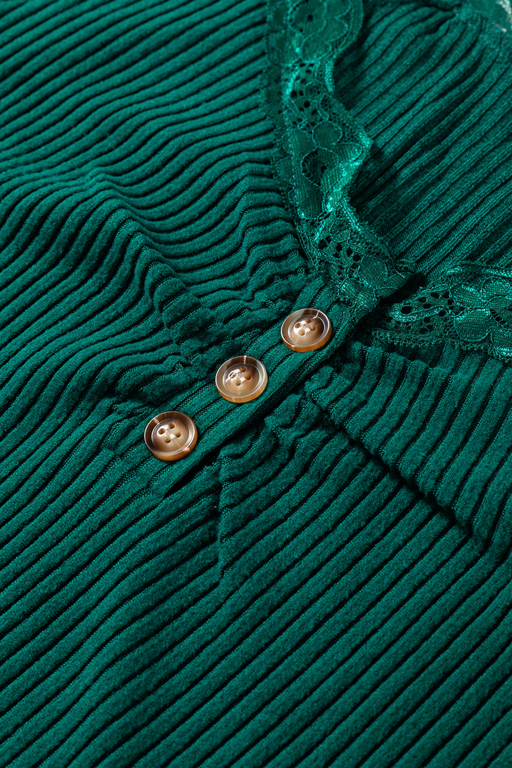 Black Lace Neckline Button Decor Lettuce Edge Long Sleeve Ribbed Top