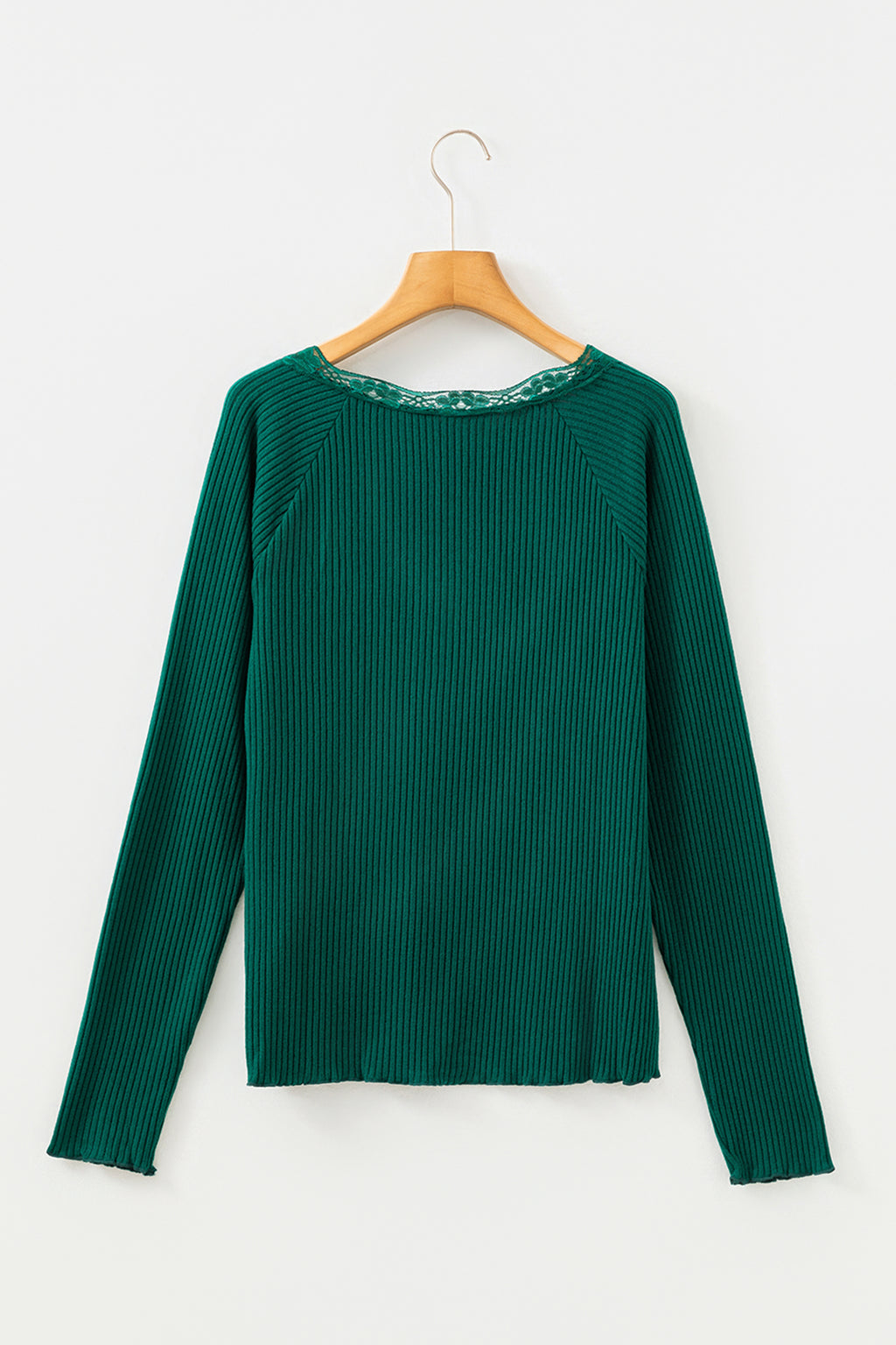 Black Lace Neckline Button Decor Lettuce Edge Long Sleeve Ribbed Top