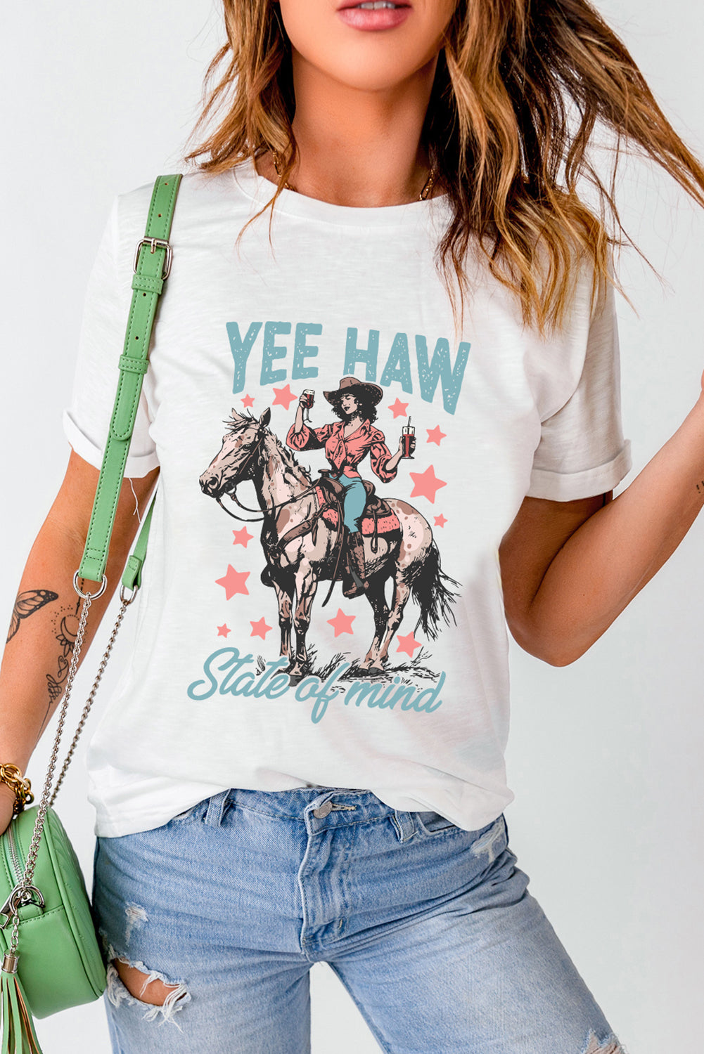 White YEE HAW State of mind Cowgirl Graphic Western Fashion Tee
