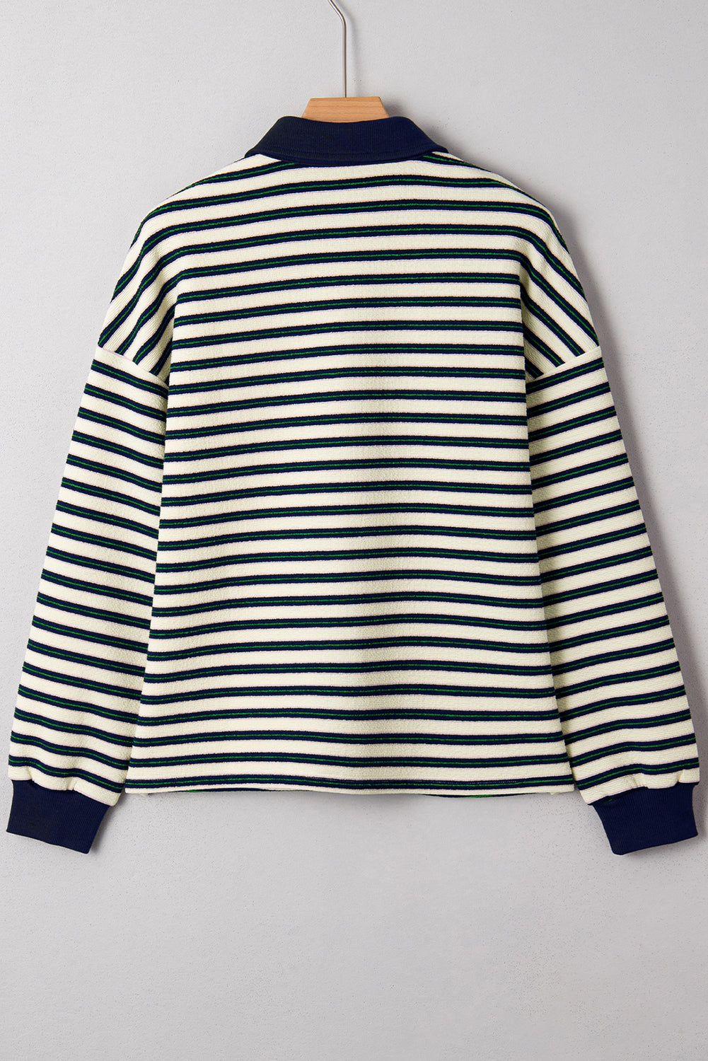 Dark Green Striped Print Contrast Collar Zip V Neck Long Sleeve Top