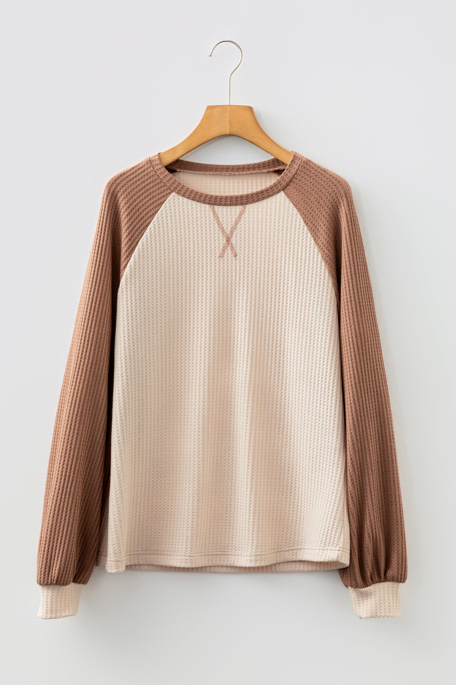 Camel Waffle Color Block Raglan Sleeve Top