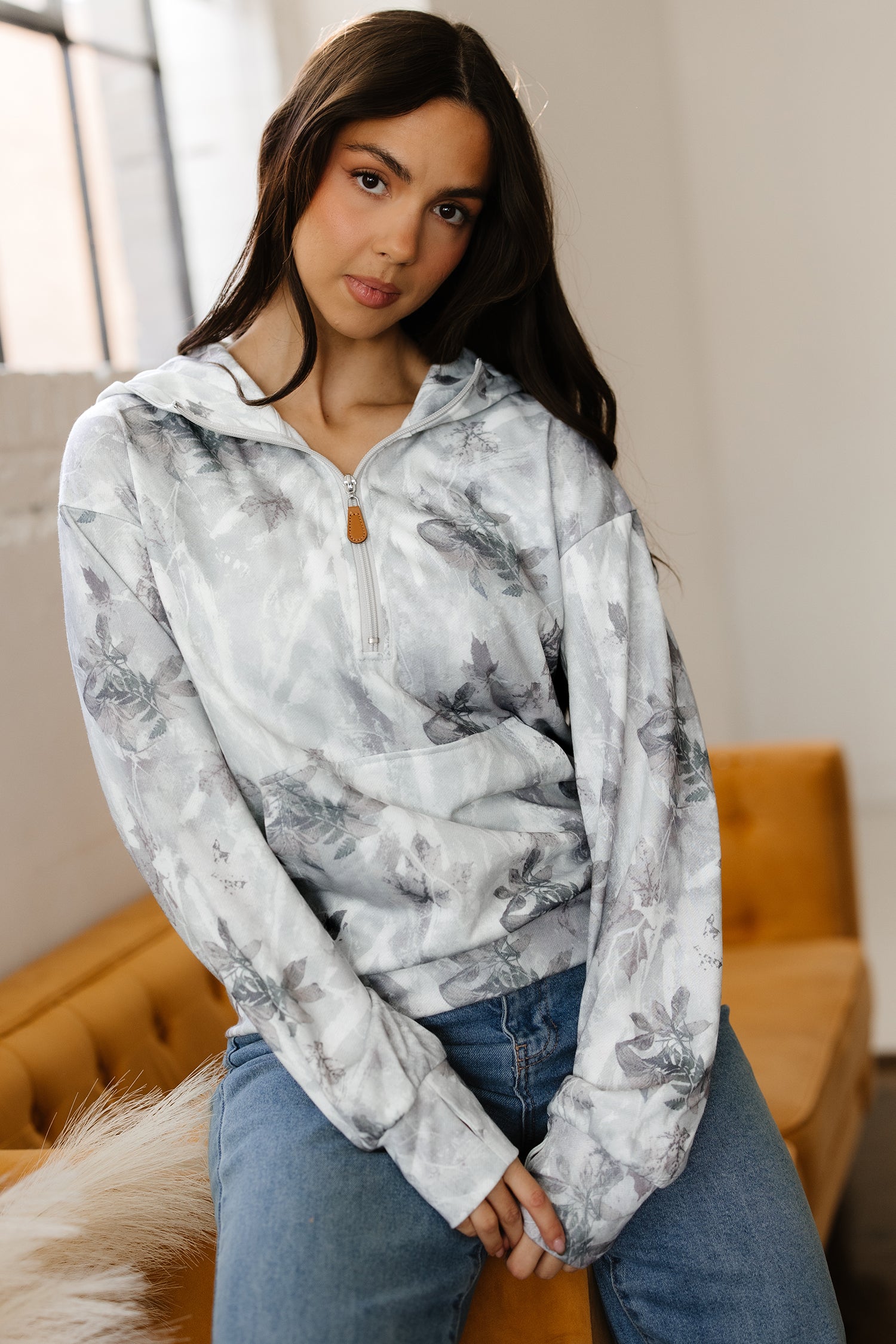 Gray Camo Leaf Print Kangaroo Pocket Quarter Zip Hoodie