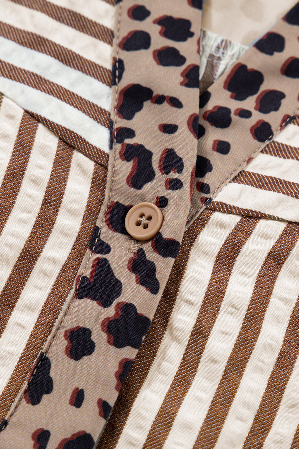 Brown Stripe Leopard Trim V Neck Button Down Half Sleeve Shirt