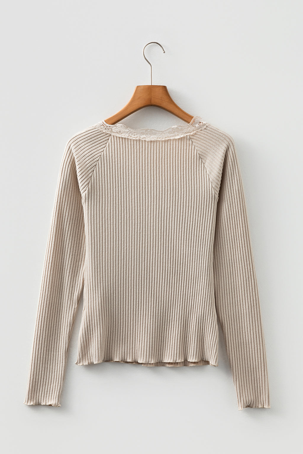 Black Lace Neckline Button Decor Lettuce Edge Long Sleeve Ribbed Top