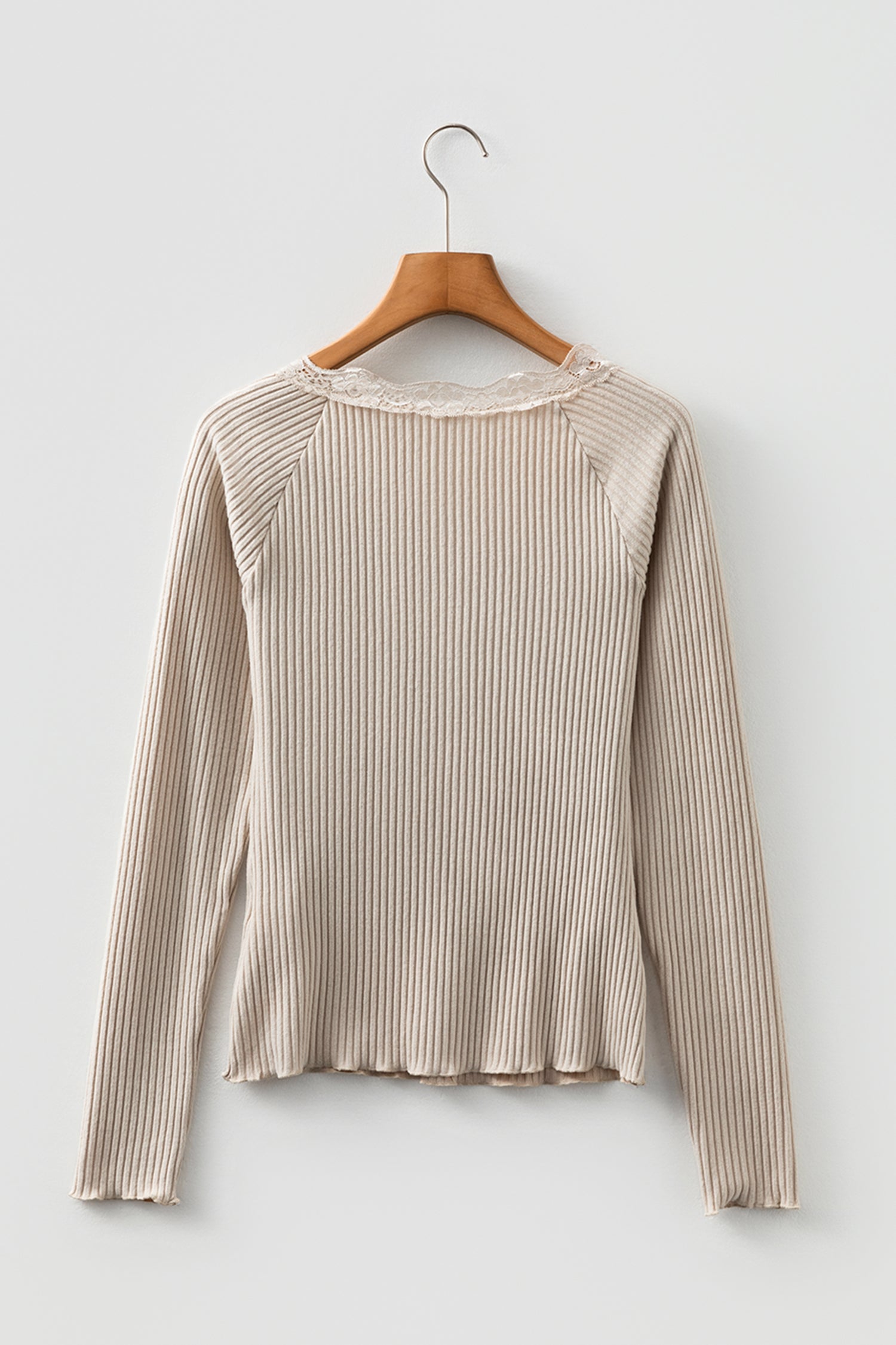 Black Lace Neckline Button Decor Lettuce Edge Long Sleeve Ribbed Top