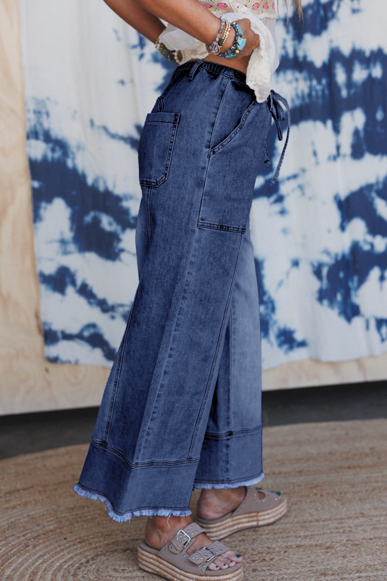 Beau Blue Drawstring Seam Detail Raw Hem Wide Leg Denim Pants