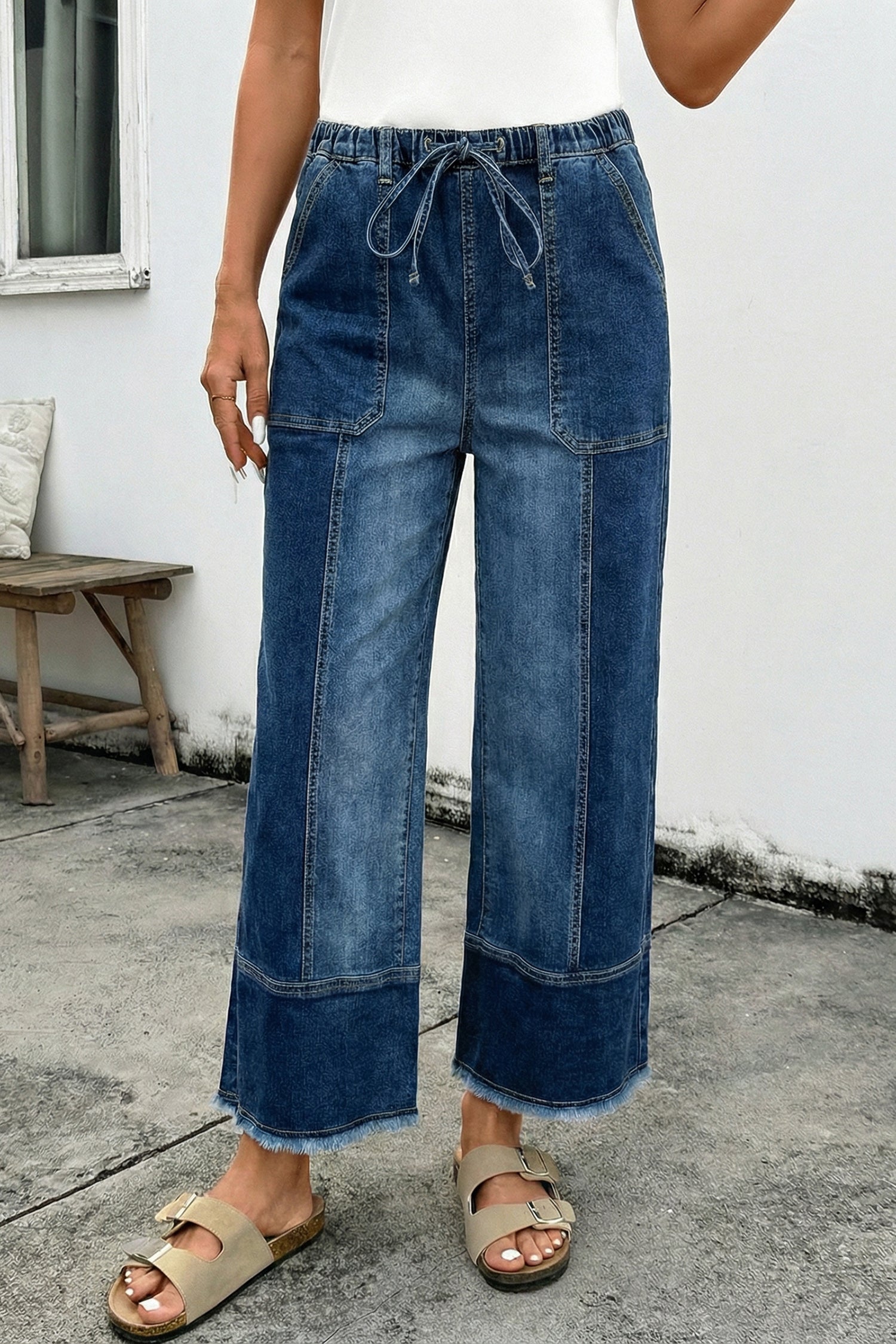 Beau Blue Drawstring Seam Detail Raw Hem Wide Leg Denim Pants