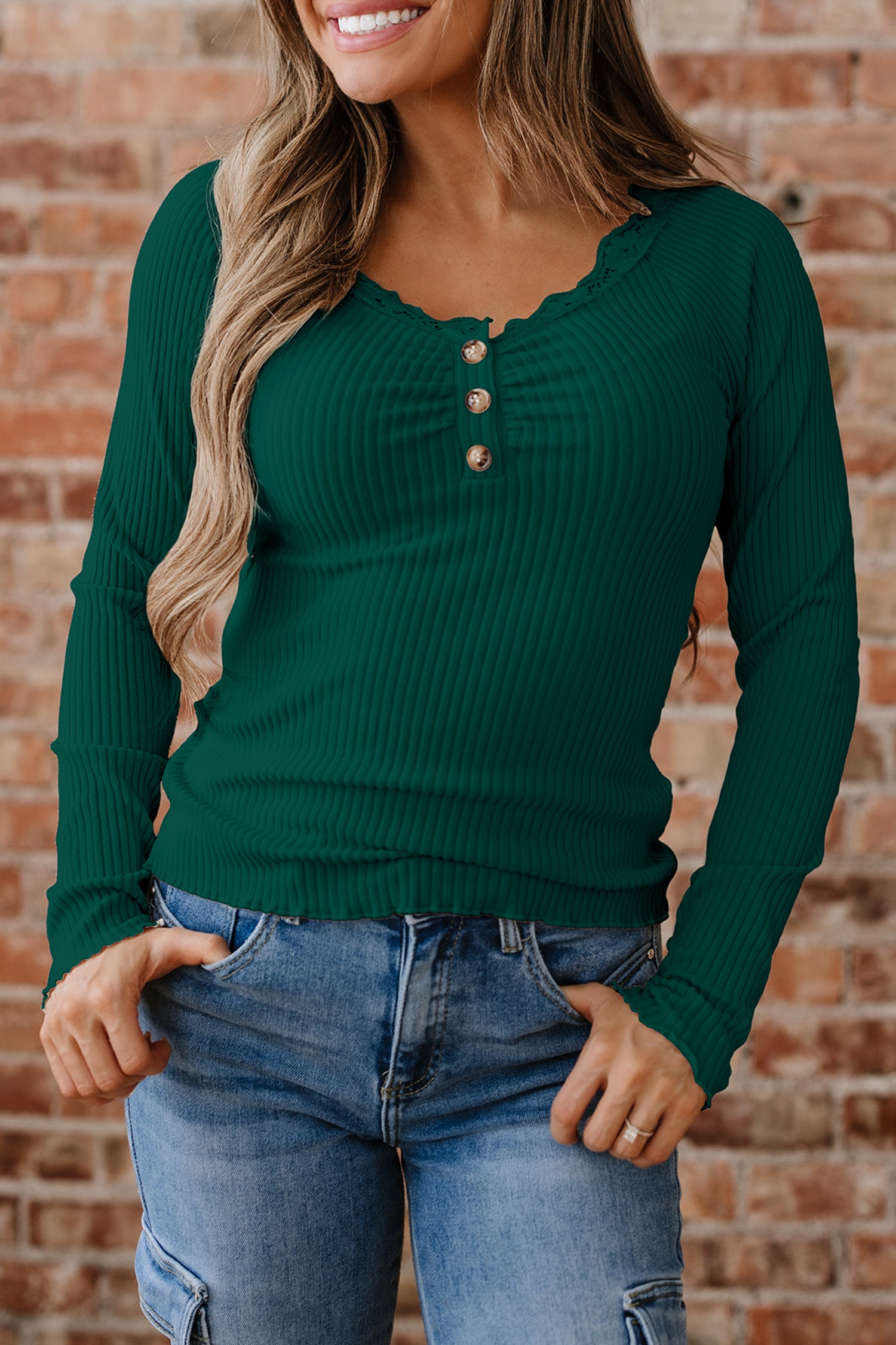 Black Lace Neckline Button Decor Lettuce Edge Long Sleeve Ribbed Top