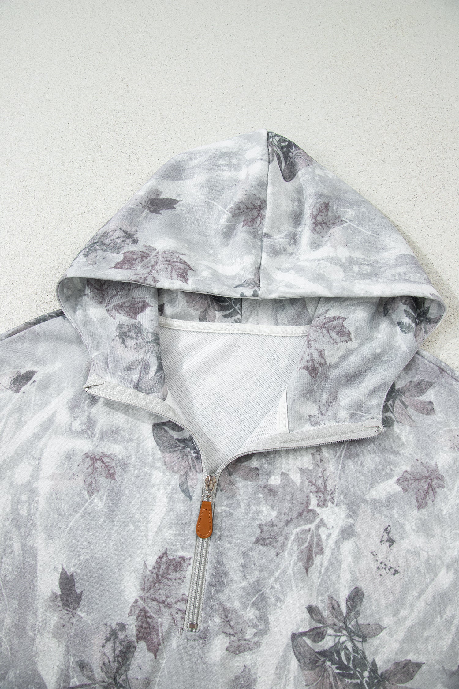 Gray Camo Leaf Print Kangaroo Pocket Quarter Zip Hoodie