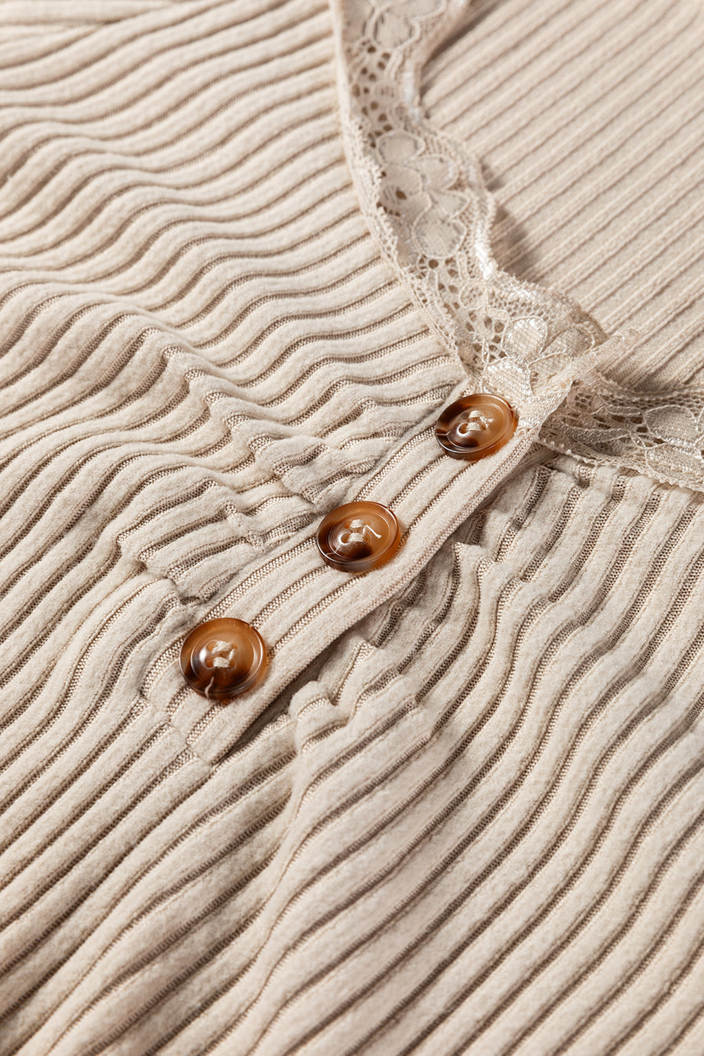 Black Lace Neckline Button Decor Lettuce Edge Long Sleeve Ribbed Top