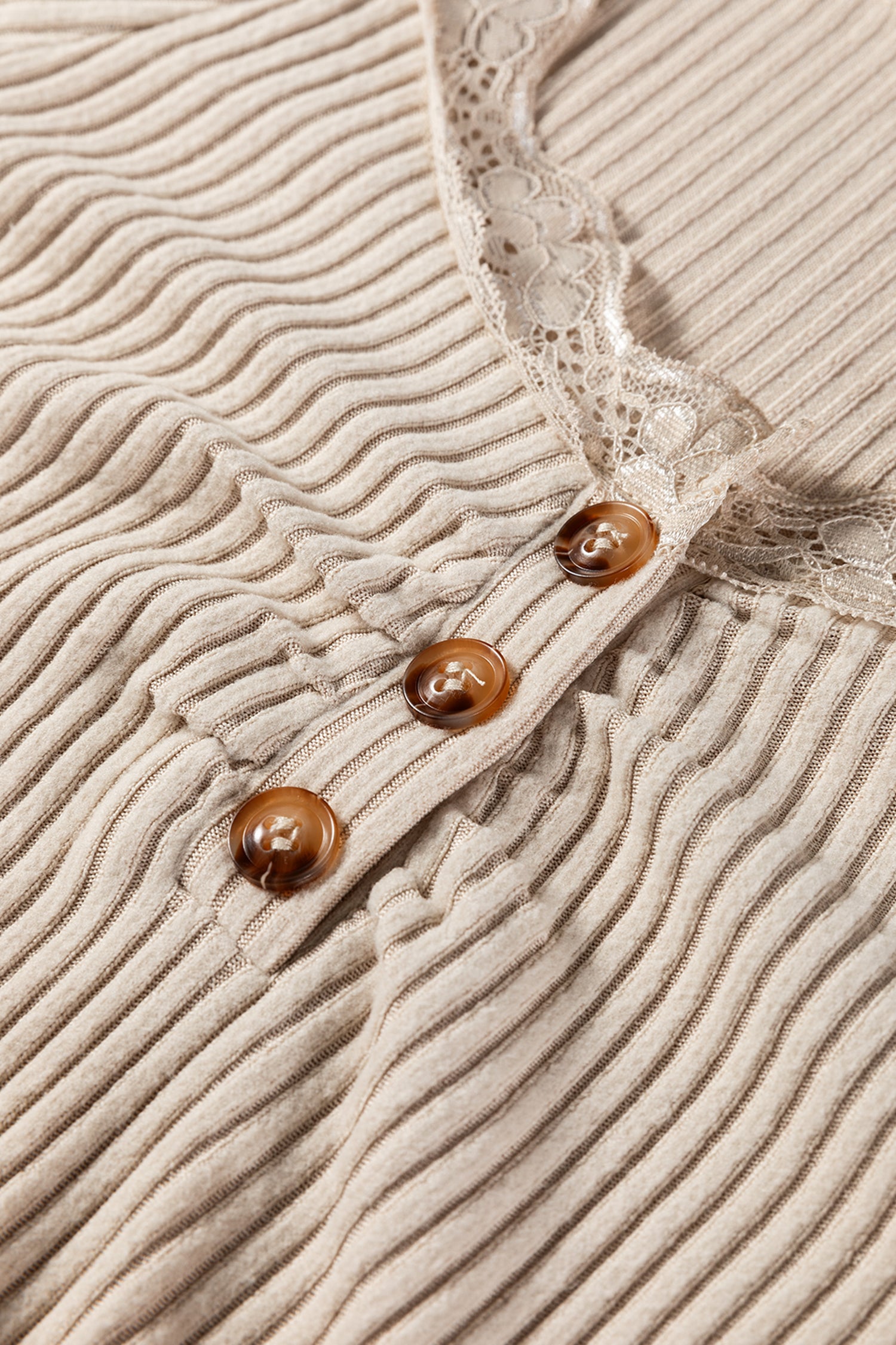 Black Lace Neckline Button Decor Lettuce Edge Long Sleeve Ribbed Top