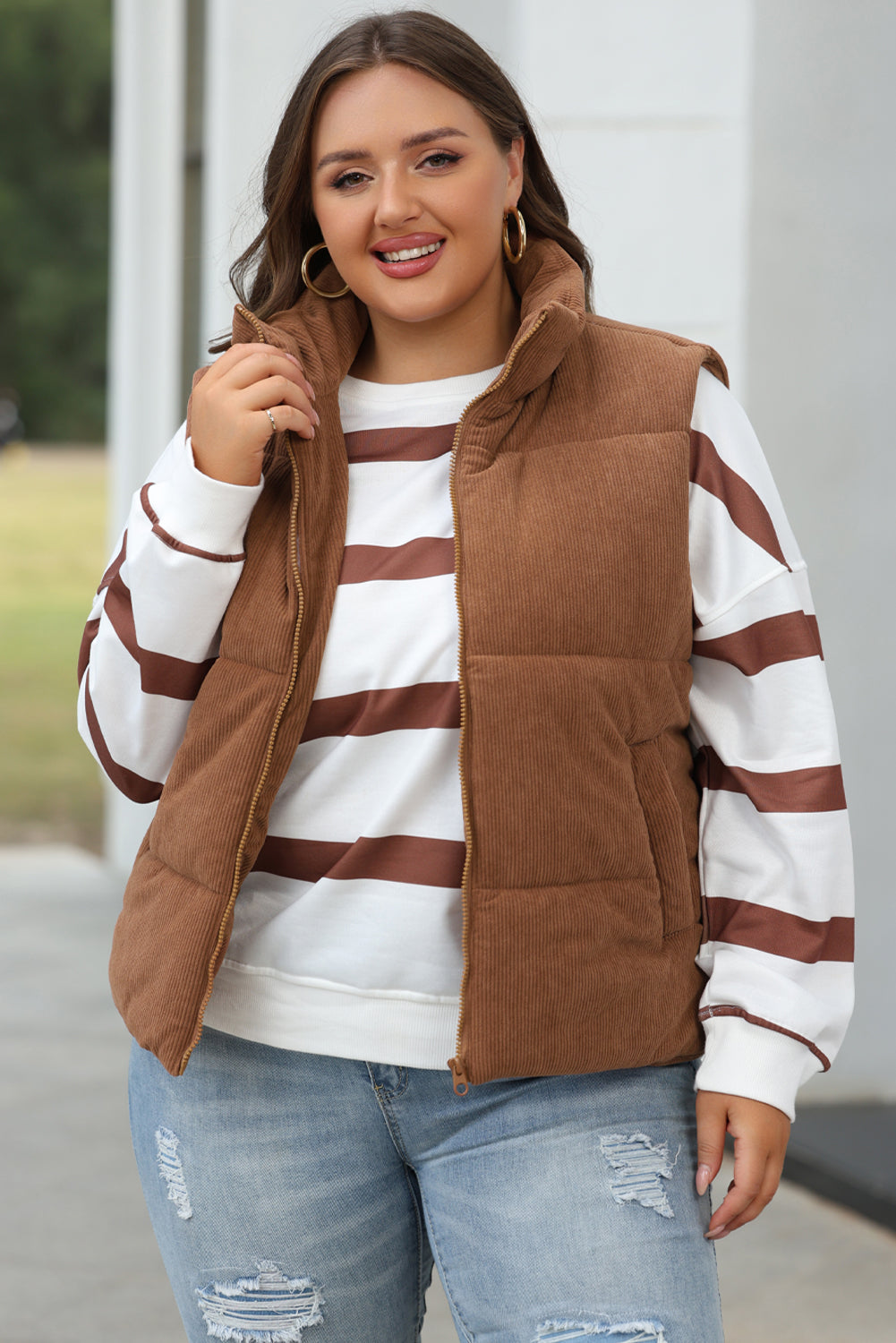 Beige Corduroy Stand Neck Zipped Puffer Vest