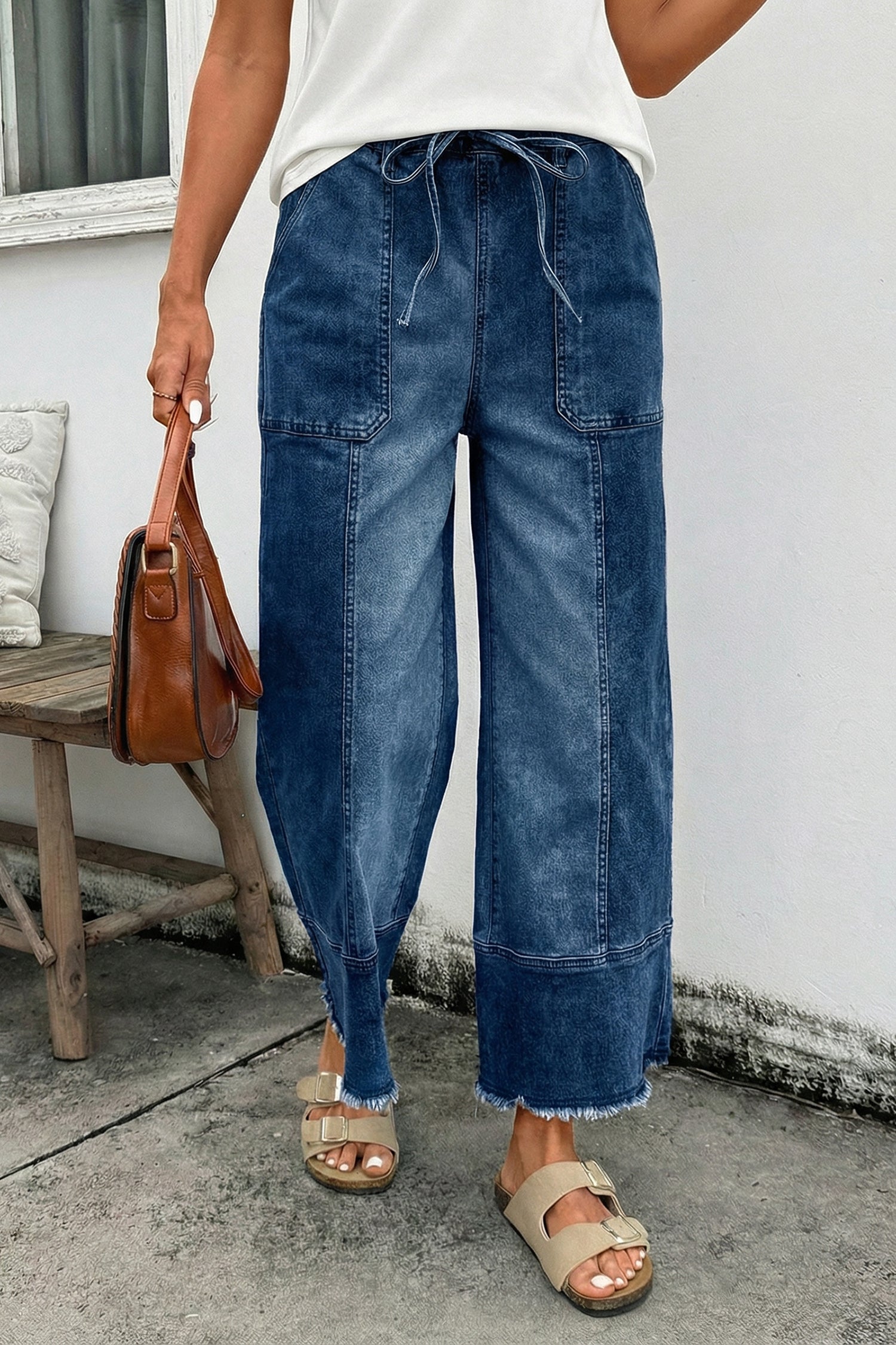 Beau Blue Drawstring Seam Detail Raw Hem Wide Leg Denim Pants