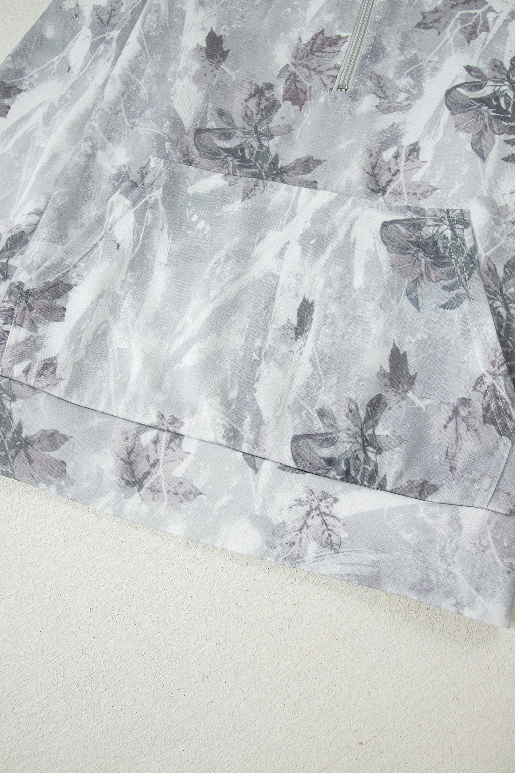 Gray Camo Leaf Print Kangaroo Pocket Quarter Zip Hoodie